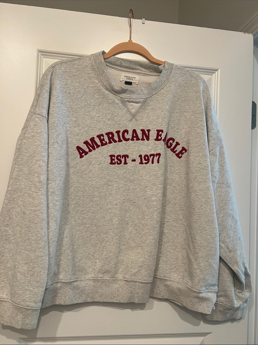 American Eagle Outfitters Light Gray Crewneck Sweatshirt with Red Logo